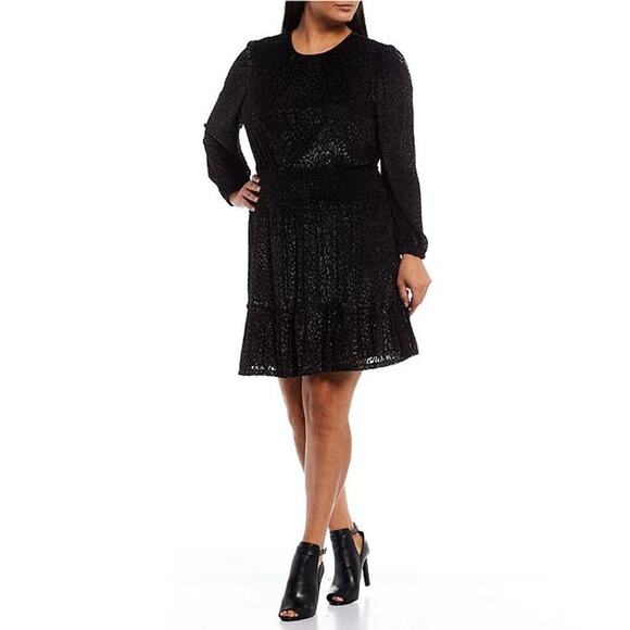 NWT Michael Kors Black Animal Print Velvet Burnout Smocked Dress SIZE XL $155 - Picture 1 of 12